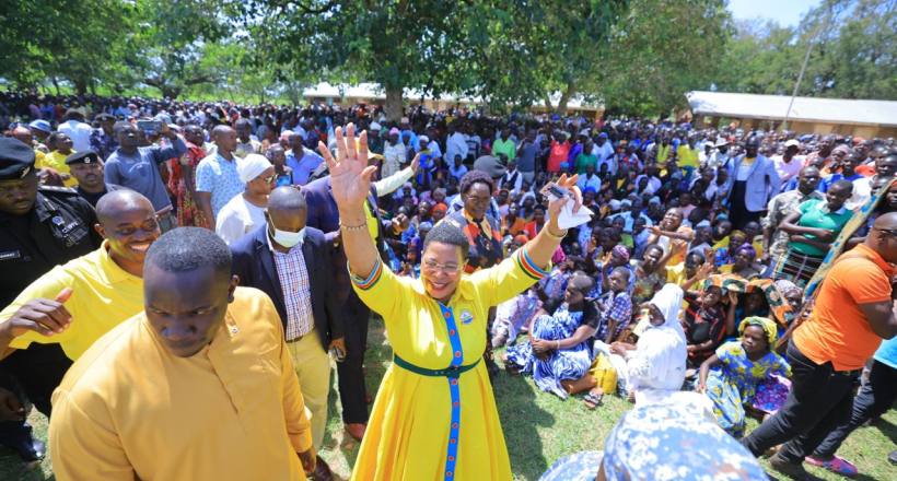 Speaker of Parliament Anita Among waves to NRM supporters in Bukedea on Saturday. 